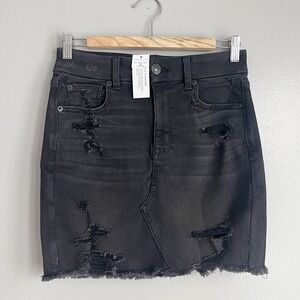 American Eagle Curvy High Rise Mini Skirt Faded Black Distressed Cut Off 8 NWT